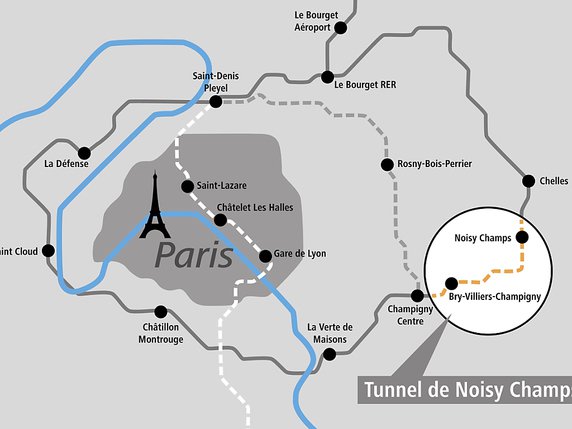 Vue d'ensemble du projet "Grand Paris Express": le lot T2C - Tunnel de Noisy-Champs de la ligne 15 sud remporté par le consortium dont Implenia est membre. © Implenia