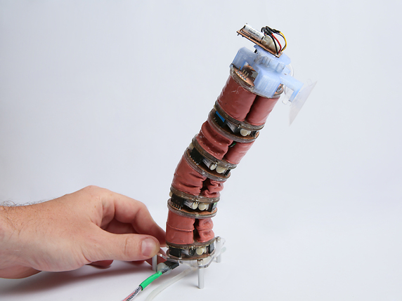 L'engin se meut à la manière d'une chenille. La ventouse lui permet de saisir des objets ou de s'agripper sur une surface lisse. © EPFL