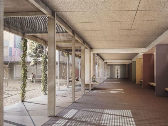 Constitué d'éléments préfabriqués, le futur centre fédéral de procédures accélérées d'asile, construit dans le nouveau quartier de Zürich West, pourra accueillir jusqu'à 360 personnes (archives). © KEYSTONE/STADT ZH HOCHBAUDEPARTEMENT