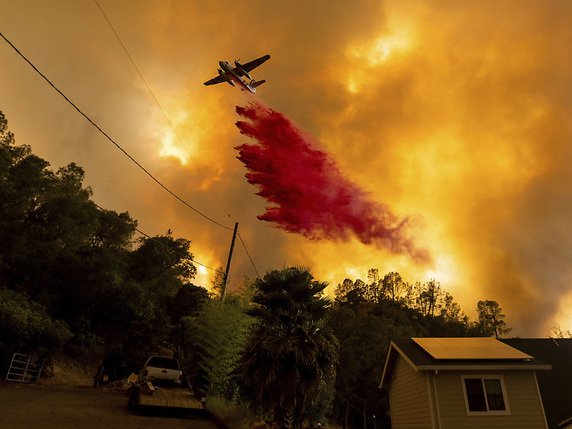 Des avions-citerne tentent d'éteindre les gigantesques incendies. © KEYSTONE/AP/Noah Berger