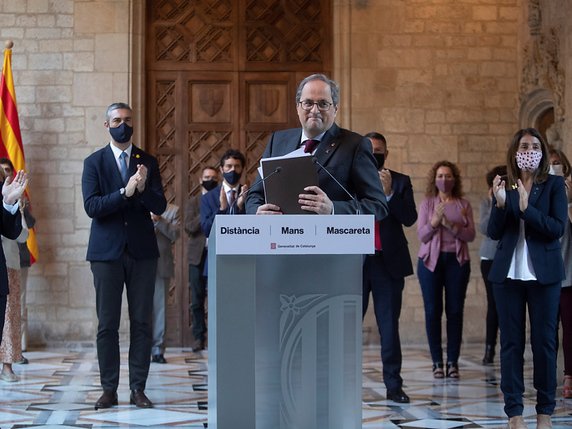Le président régional catalan Quim Torra n'accepte pas sa destitution par la justice espagnole. © KEYSTONE/EPA/Marta Perez