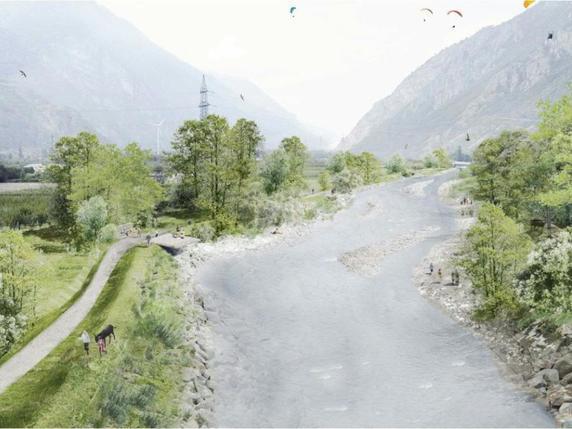 Le futur réaménagement d'une partie de la Dranse à Martigny (photo de synthèse). © Ville de Martigny