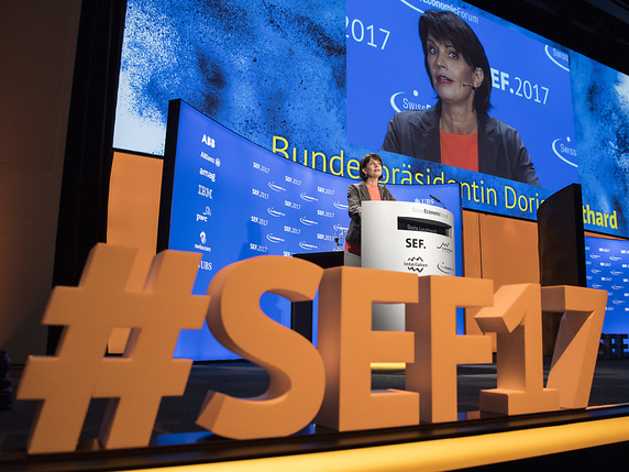 La présidente de la Confédération Doris Leuthard était présente au Swiss Economic Forum jeudi. La manifestation s'est terminée vendredi (archives). © KEYSTONE/PETER SCHNEIDER
