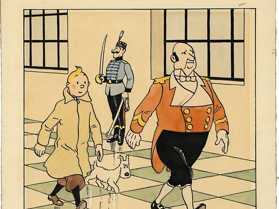 Le dessin à l'encre de Chine et aquarelle représente Tintin et Milou escortés par un majordome au palais royal de Syldavie, royaume imaginaire au coeur de l'action de l'album "Le Sceptre d'Ottokar". © KEYSTONE/EPA ARTCURIAL/HERGE / MOULINSART / HANDOUT