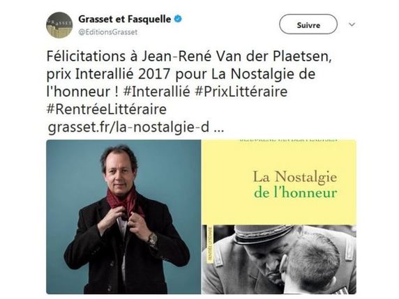 Les éditions Grasset ont félicité sur Twitter le lauréat du prix Interallié. © Twitter