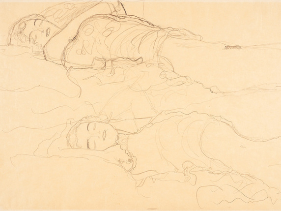Le dessin "Zwei Liegende" ("Deux femmes allongées"), ici en photo, fait partie d'un lot de quatre oeuvres de Klimt et de son confrère Egon Schiele qui avait été prêtées au musée municipal de Linz par une artiste locale. © Keystone/APA/APA/REINHARD HAIDER