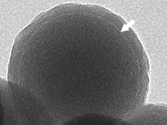 Les billes de verre ne dépassent pas 160 nanomètres de diamètre. L'information audio est stockée dans les molécules d'ADN de synthèse qui se trouvent dans la fine couche claire montrée par la flèche. © EPFZ/Robert Grass