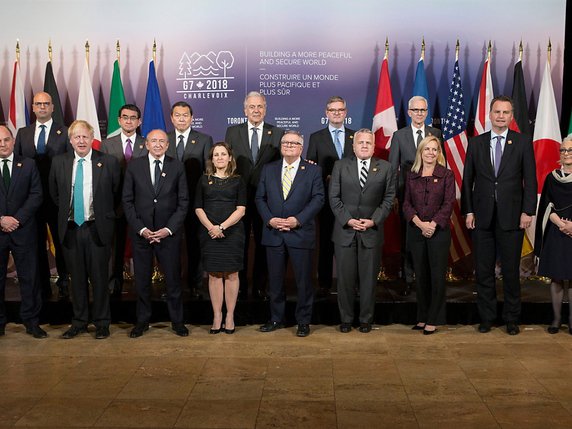 Les ministres des Affaires étrangères du G7 ont condamné la Russie pour son comportement considéré comme contraire au droit international. © KEYSTONE/AP The Canadian Press/CHRIS YOUNG