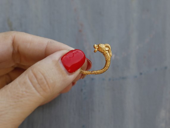 L'anneau de style hellénistique a été mis au jour en octobre 2017 lors de fouilles sur le site appelé "Cité de David" à Jérusalem. Il représente la tête d'un animal à cornes. © KEYSTONE/EPA/ABIR SULTAN