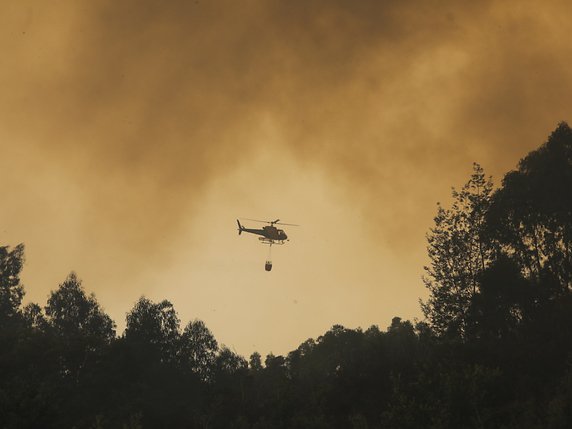 Les pompiers sont appuyés par une douzaine de bombardiers d'eau et d'hélicoptères. © KEYSTONE/EPA LUSA/MIGUEL A. LOPES