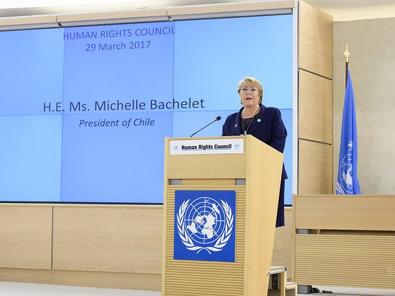 La présidente chilienne Michelle Bachelet s'était exprimée devant le Conseil des droits de l'homme l'année dernière à Genève (archives). © KEYSTONE/MARTIAL TREZZINI