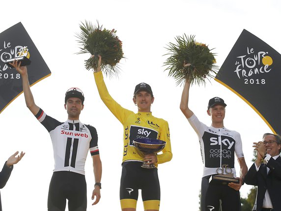 Geraint Thomas, au centre, et Chris Froome, à droite, ne seront pas sur la Vuelta mais au Tour de Grande-Bretagne © KEYSTONE/AP/CHRISTOPHE ENA