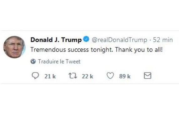Sur Twitter, Donald Trump s'est félicité de cet "immense succès". © Twitter