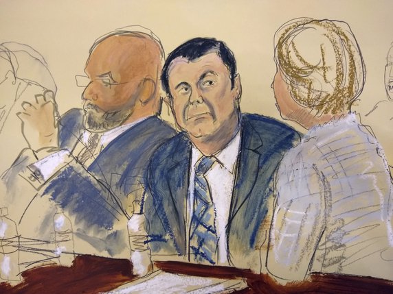 Dessin d'El Chapo à son procès à Brooklyn. © KEYSTONE/FR142054 AP/ELIZABETH WILLIAMS