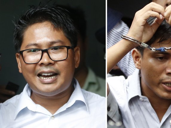 Les journalistes de Reuters Wa Lone (à gauche) et Kyaw Soe Oo ont vu leur peine confirmée en appel. © KEYSTONE/EPA/LYNN BO BO