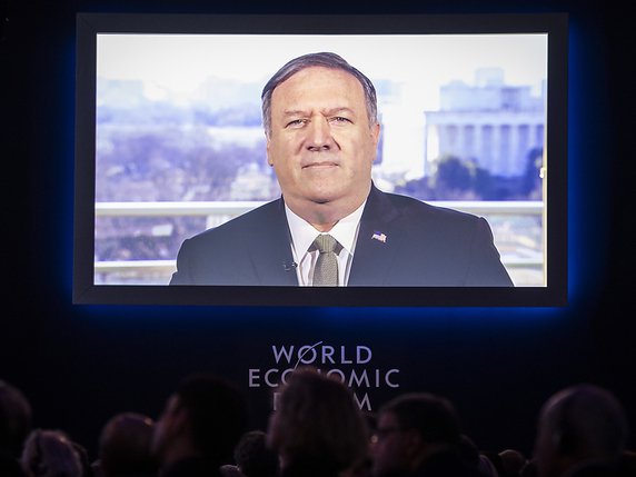 "Des vents nouveaux soufflent à travers le monde", a déclaré le chef de la diplomatie américain Mike Pompeo par vidéo-conférence à Davos. © KEYSTONE/GIAN EHRENZELLER