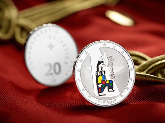 Le centenaire du Cirque national suisse Knie est célébré par une pièce en argent de 20 francs avec éléments en couleur. © swissmint