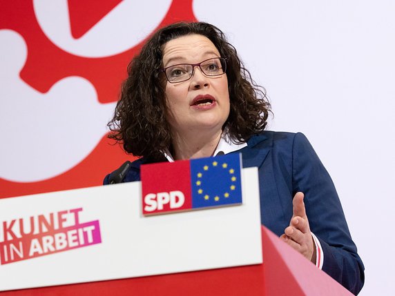 La cheffe de file du Parti social-démocrate (SPD) allemand, Andrea Nahles, a présenté un projet de réformes sociales (archives). © KEYSTONE/EPA/HAYOUNG JEON
