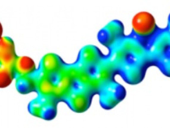 Structure moléculaire de l’outil chimique: en bleu, les zones pauvres en électrons, en rouge, les zones riches en électrons qui changent de couleur pour révéler les forces physiques à l’intérieur des cellules vivantes. © UNIGE/Stefan Matile