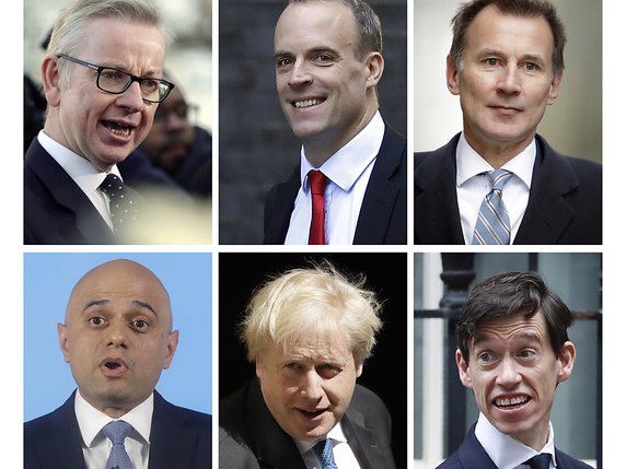 Michael Gove, Dominic Raab, Jeremy Hunt, Sajid Javid, Boris Johnson et Rory Stewart (de gauche à droite et de haut en bas) sont les six candidats restant à la présidence du parti conservateur britannique (archives). © KEYSTONE/AP