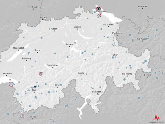 La secousse s'est produite à 01h17 à environ 10 kilomètres au nord-ouest de Constance en Allemagne. © Service sismologique suisse