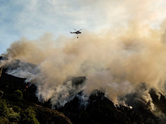 Les pompiers ont progressé face à l'incendie qui ravage la Grande Canarie, sans toutefois l'avoir circonscrit. © KEYSTONE/EPA EFE/ANGEL MEDINA G.