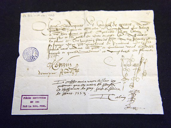 En 2017 déjà, un reçu signé par Jean Calvin avait été restitué au canton de Genève (archives). © KEYSTONE/MARTIAL TREZZINI