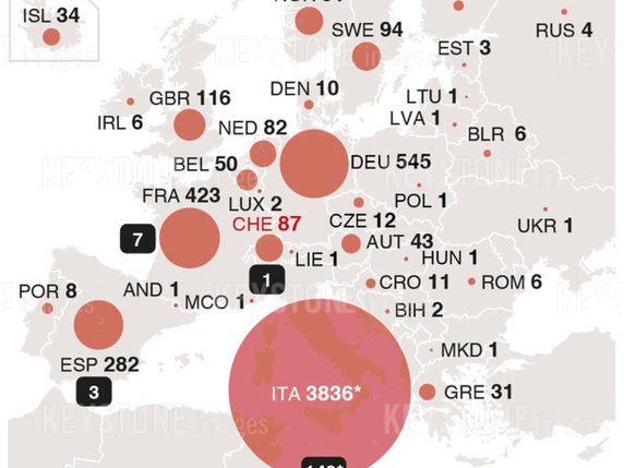 L'avance du coronavirus en Europe vendredi à midi. © KEYSTONE/CHRISTIAN SPRANG