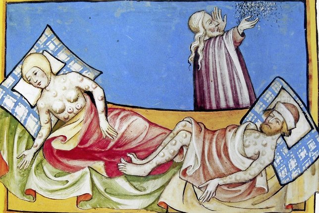 La peste bubonique avec sa fièvre éruptive,illustrée dans le manuscrit suisse La Chronique de Toggenburg, de Rudolf von Ems(vers 1411). © Wikimedia Commons/DR