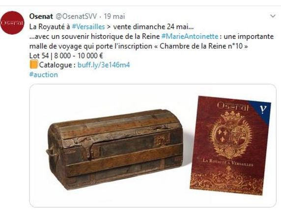 La malle de la suite de la reine de France est partie pour 43'750 euros, pour une estimation de 8000 à 10'000 euros. © Compte Twitter d'Osenat