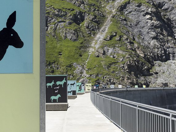 L'exposition se déroule sur le couronnement du plus haut barrage voûté d'Europe du 20 juin au 4 octobre 2020. © KEYSTONE/Bastien Gallay
