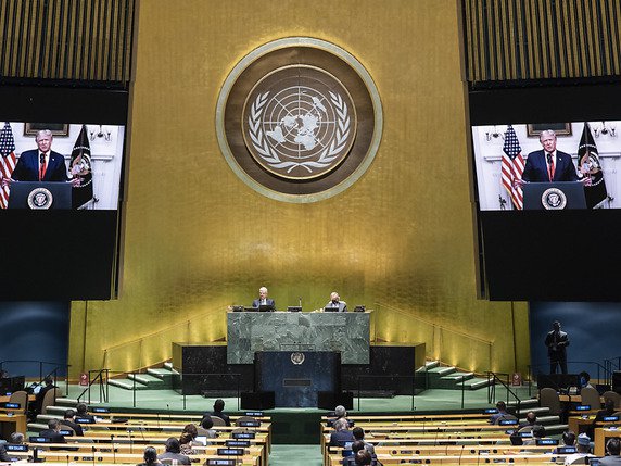 Lors de l'Assemblée générale de l'ONU à New York, les chefs d'Etats ont enregistré leurs discours en vidéo, à l'instar de Donald Trump. © KEYSTONE/AP/Eskinder Debebe