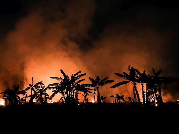 En Amazonie, les flammes atteignent les villes comme ici à Porto Velho, dans l'Etsat brésilien de Rondonia. © KEYSTONE/EPA EFE/FERNANDO BIZERRA