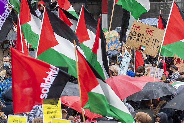 Les drapeaux palestiniens étaient nombreux à flotter au-dessus du rassemblement propalestinien à Genève. © KEYSTONE/MARTIAL TREZZINI