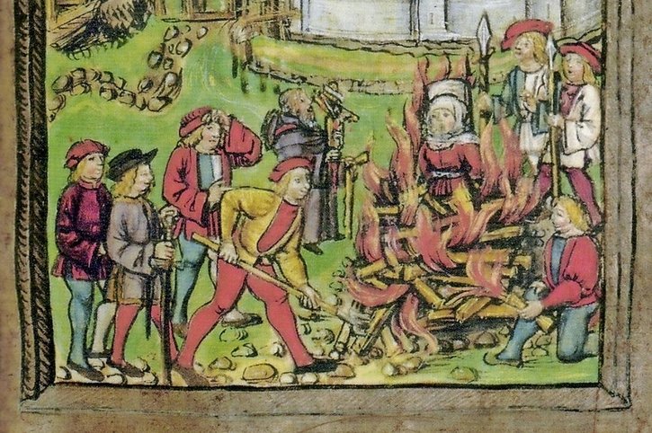 Femme brûlée sur le bûcher pour actes de sorcellerie, en 1447 à Willisau (Lucerne).  © Luzerner Bilderchronik von Diepold Schilling, 1513