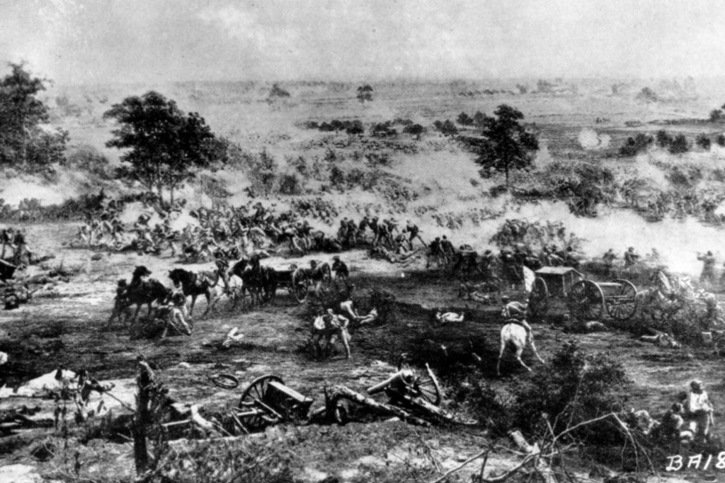 Cette représentation artistique montre la charge du général confédéré George Pickett lors de la bataille de Gettysburg en 1863, remportée par l'armée unioniste (archives). © KEYSTONE/AP U.S. ARMY SIGNAL CORPS