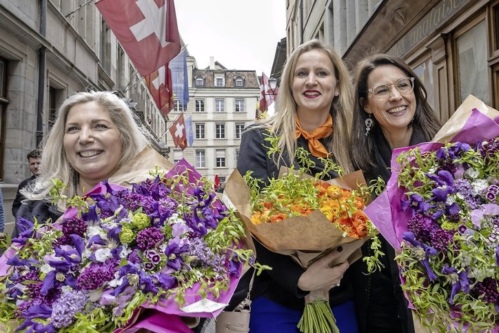 Le 30 avril, Nathalie Fontanet (plr), Delphine Bachmann (centre) et Anne Hiltpold (plr), de g. à dr., étaient élues au Conseil d’Etat. La droite vise maintenant les Etats.  © Keystone-archives