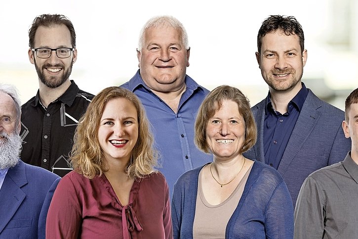 De gauche à droite: Norbert Valley, Peter Lionel, Valérie Fleury-Oppliger, Ulrich Herren, Mirjam Lehmann-Ritter, Niklaus Mosimann-Schwab et Micha Lehmann.  © DR