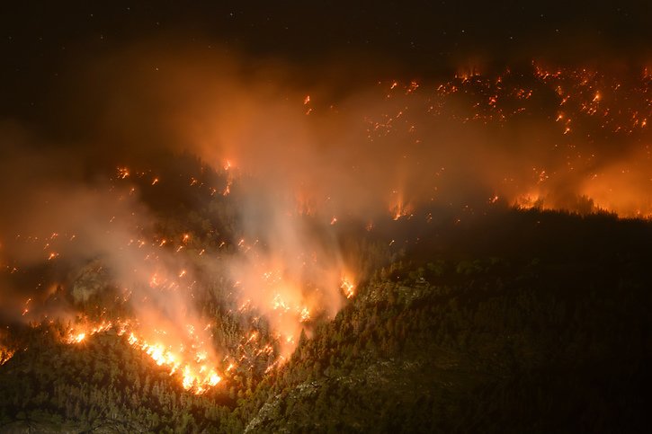 Le feu de forêt fait rage depuis lundi après-midi. © KEYSTONE/JEAN-CHRISTOPHE BOTT